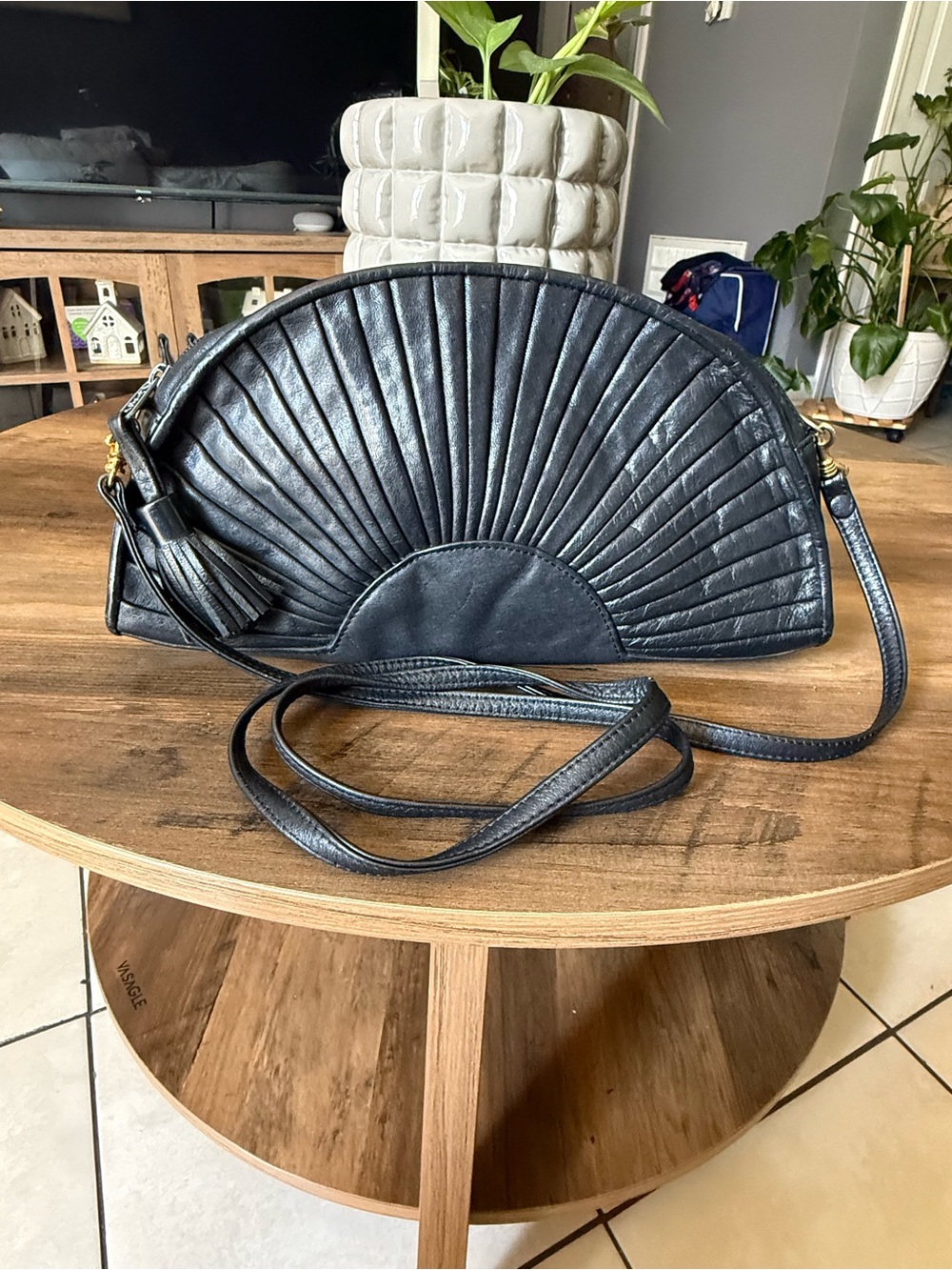 Black Half-Moon Pleated Crossbody Bag with Tassel vintage